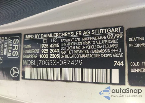 1999 Mercedes-Benz Clk 430 z USA, uszkodzony, nr VIN WDBLJ70G3XF087429